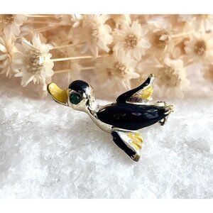 Duck in Flight Figural Enameled Gold Toned Vintage Costume Jewelry Brooch